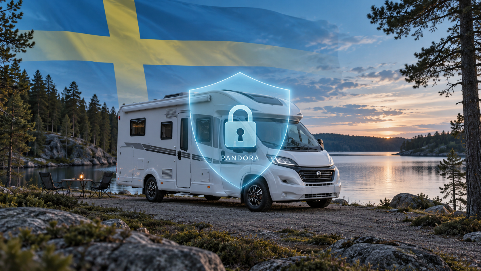 KI-generiertes Symbolbild: Camper am schwedischen See mit verblassender Schwedenflagge und Pandora Schloss im Schutzschild