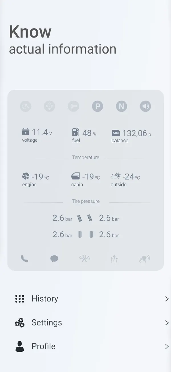 Pandora Online App mit Fahrzeugdaten, Temperaturen und Einstellungsmenü