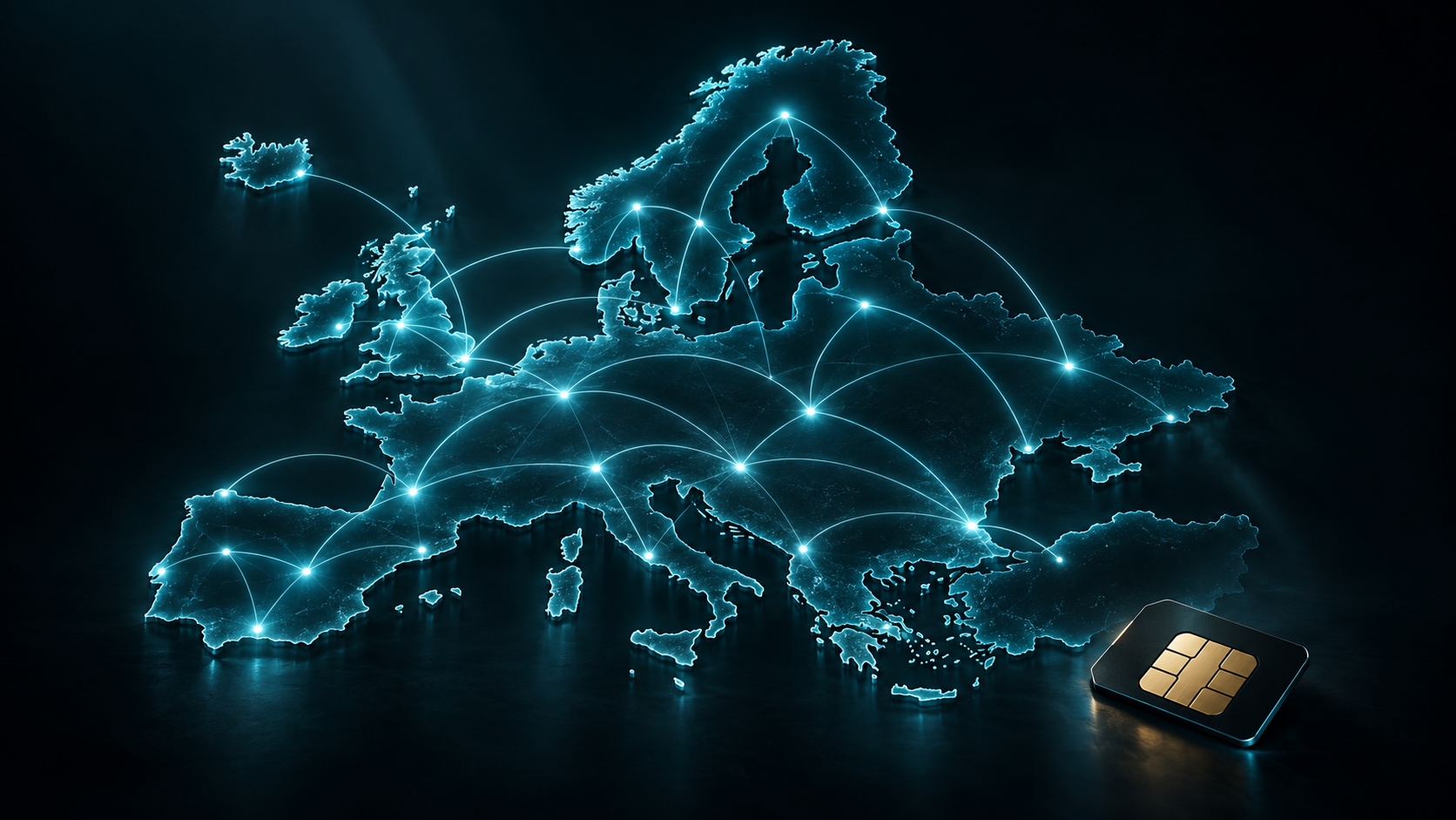 Leuchtende Europa-Silhouette mit vernetzten Standorten und einer SIM-Karte