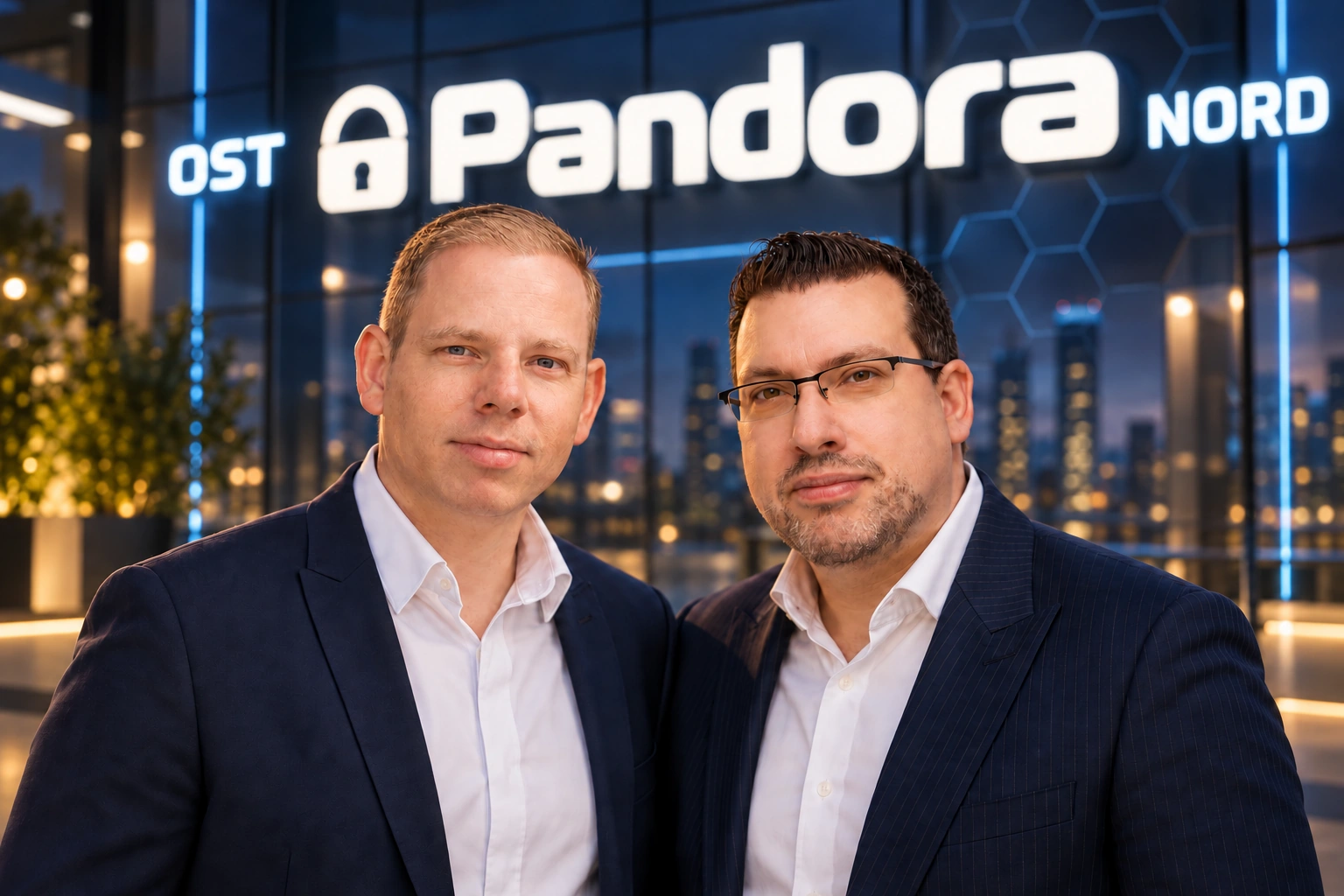 Daniel Roberto von ProVerDa GmbH / Pandora-Ost links und Bastian Schössow von GPS-WATCH GmbH / Pandora-Nord rechts vor dem Pandora-Schriftzug.
