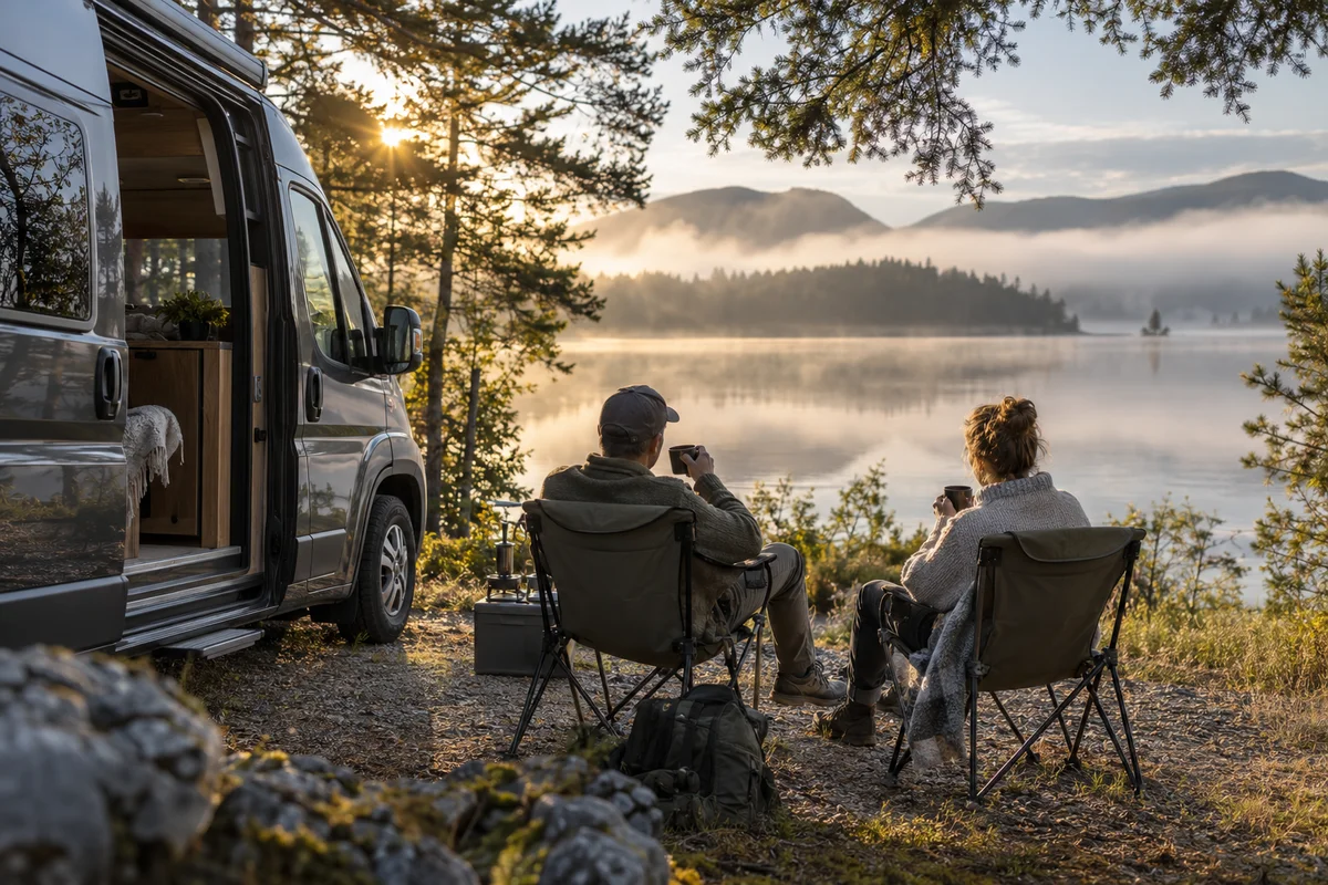 Zwei Camper genießen mit ihrem Kaffee den Blick auf einen ruhigen See.